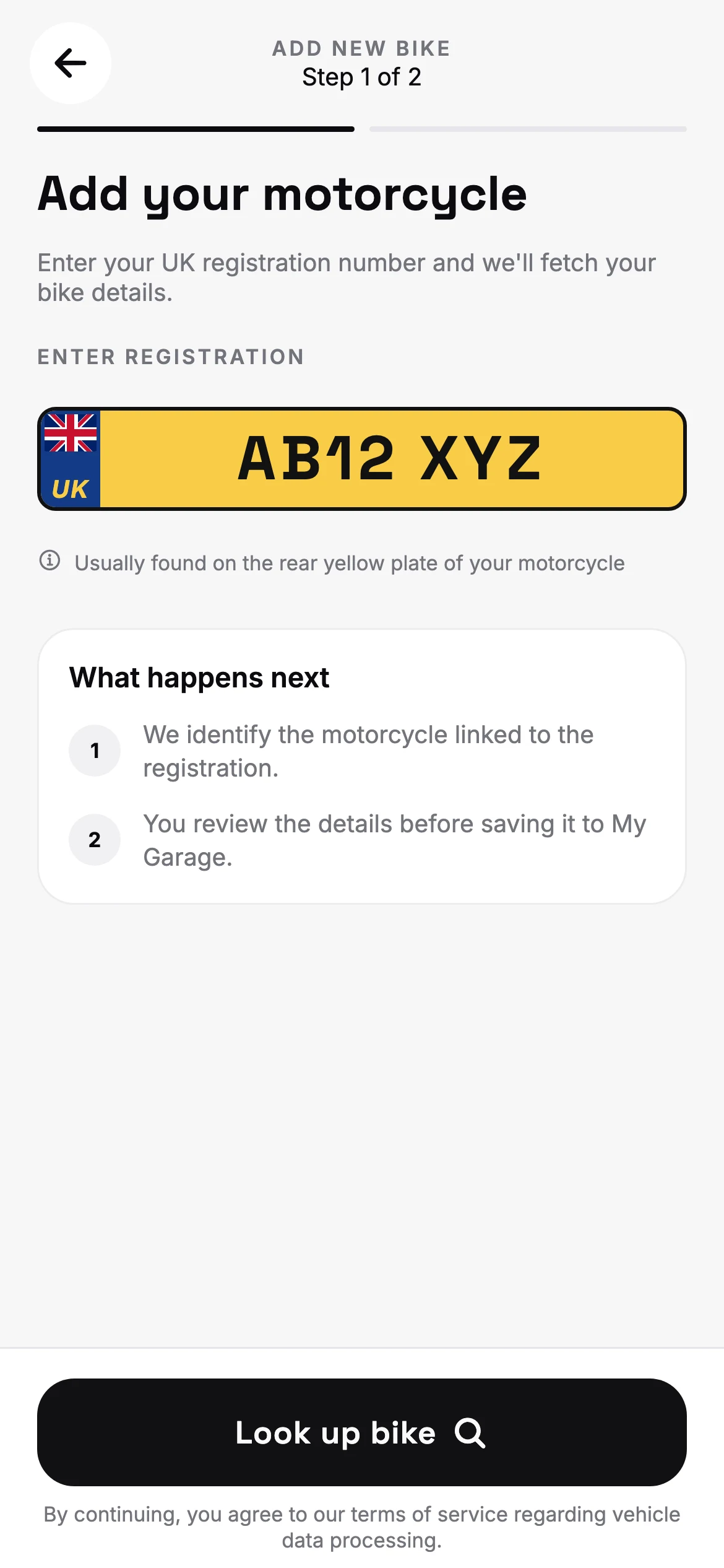 2Shocks app screen for adding a motorcycle by UK registration