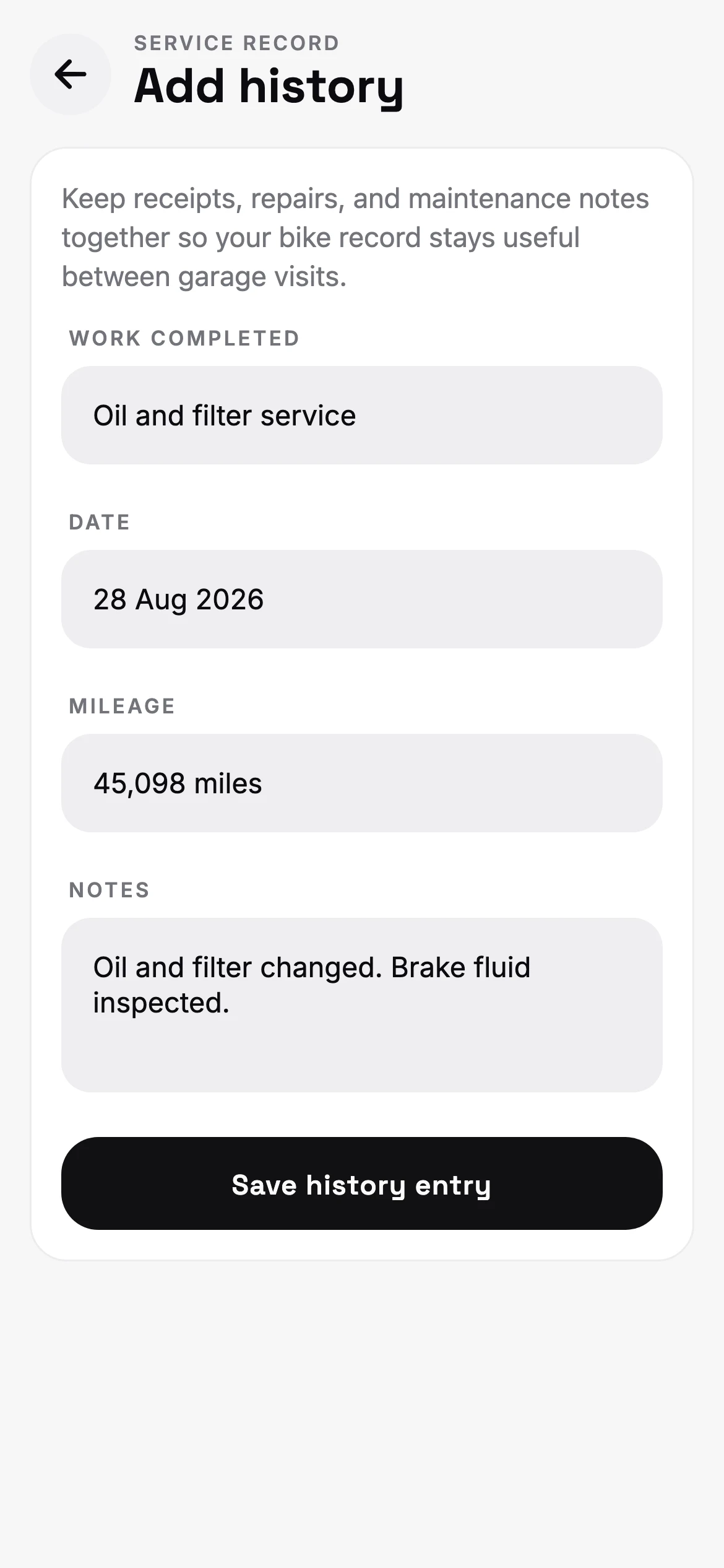 2Shocks app screen for recording completed motorcycle maintenance