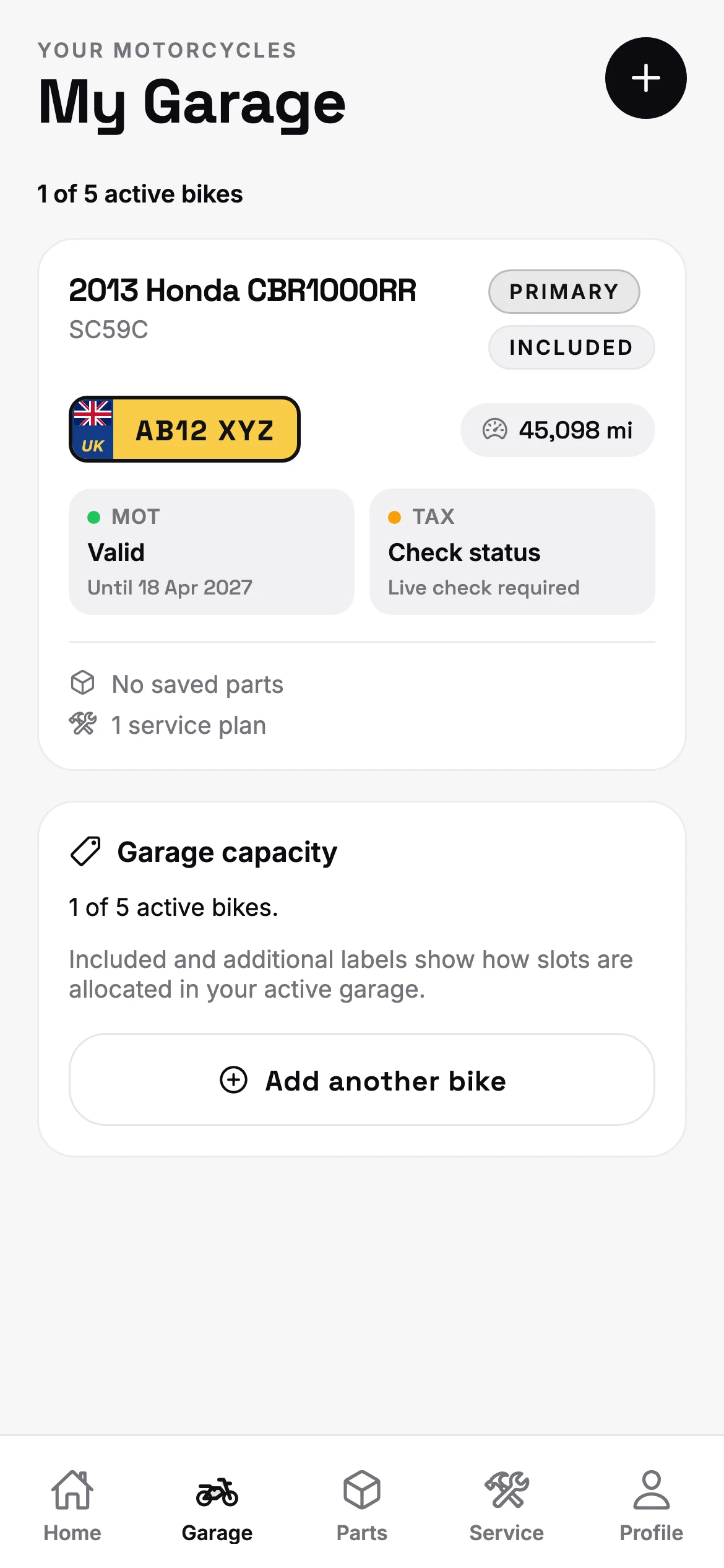 2Shocks motorcycle collection showing a separate record and capacity for five active bikes